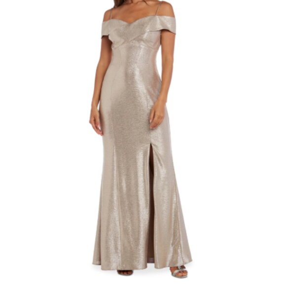 Night Way Collections Metallic Gold/ Champagne Off-Shoulder Petite Maxi Dress - Picture 1 of 14